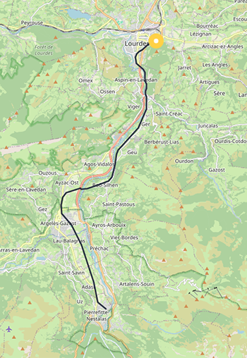 Map outlining the Pyrenees Nature Trail eBike route from Lourdes